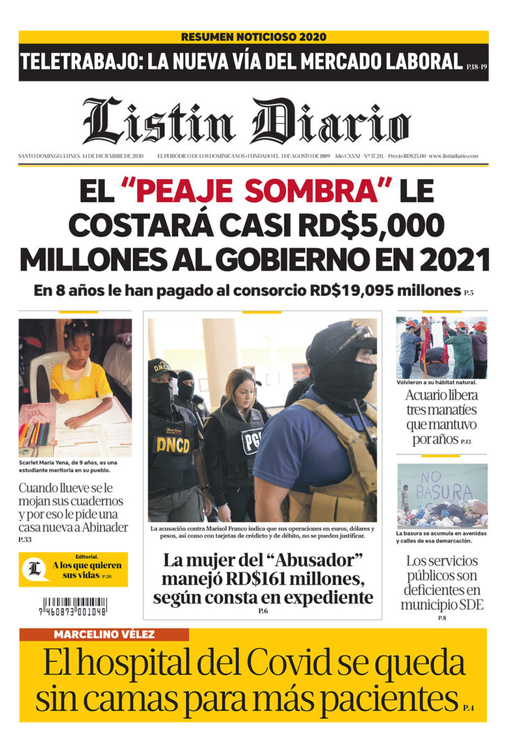 Portada Periódico Listín Diario, Lunes 14 de Diciembre, 2020
