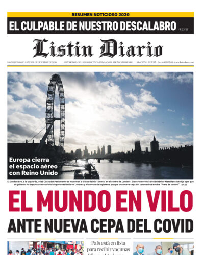 Portada Periódico Listín Diario, Lunes 21 de Diciembre, 2020