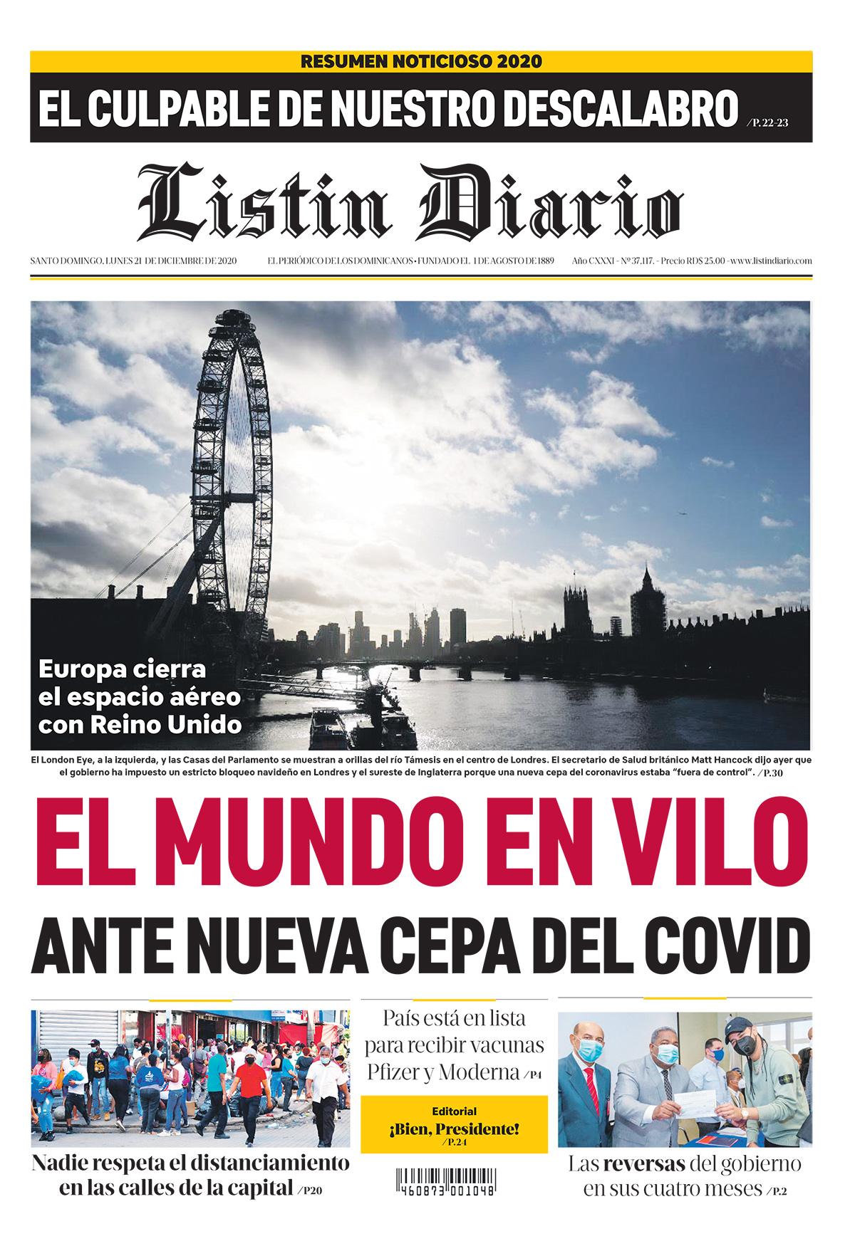 Portada Periódico Listín Diario, Lunes 21 de Diciembre, 2020