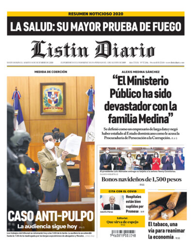 Portada Periódico Listín Diario, Martes 08 de Diciembre, 2020