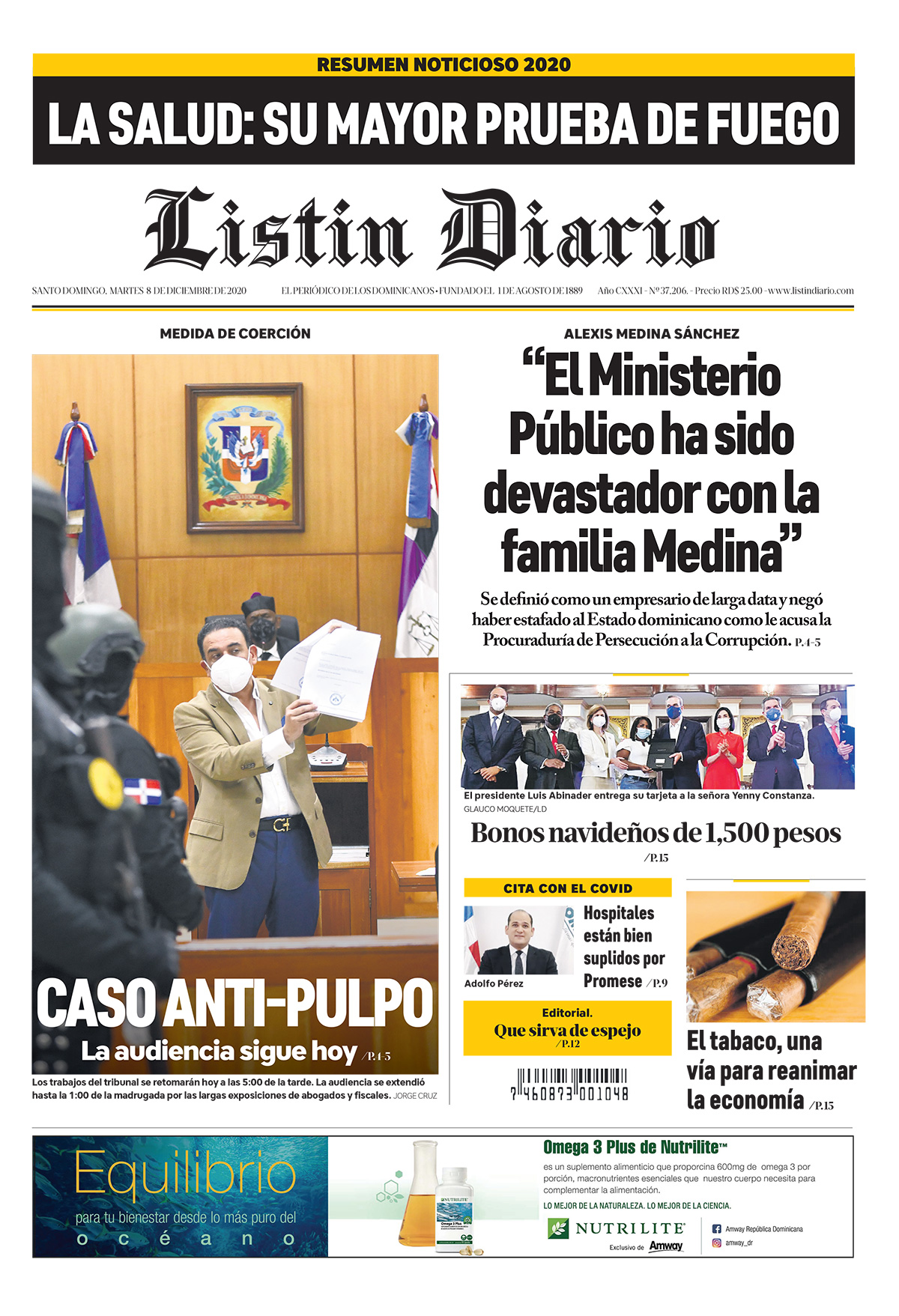 Portada Periódico Listín Diario, Martes 08 de Diciembre, 2020