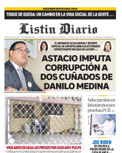 Portada Periódico Listín Diario, Martes 15 de Diciembre, 2020
