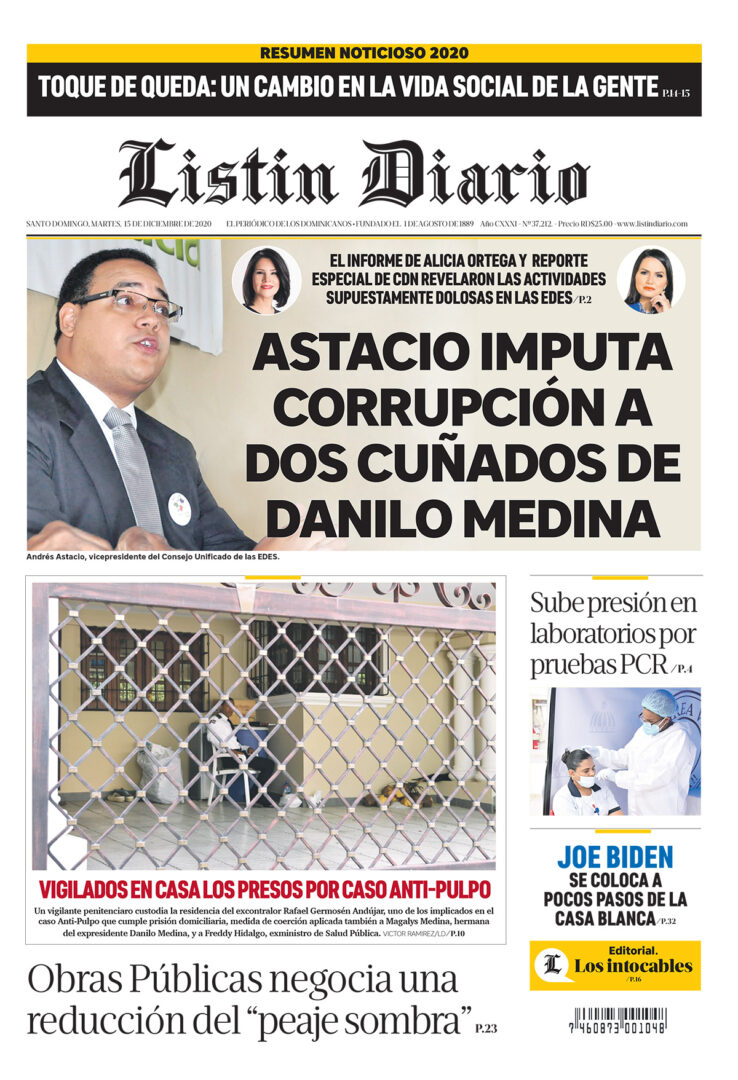 Portada Periódico Listín Diario, Martes 15 de Diciembre, 2020