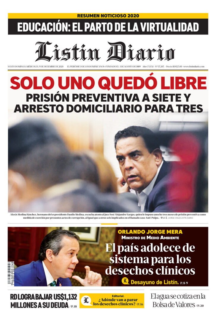 Portada Periódico Listín Diario, Miércoles 09 de Diciembre, 2020