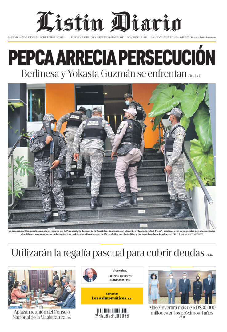 Portada Periódico Listín Diario, Viernes 04 de Diciembre, 2020