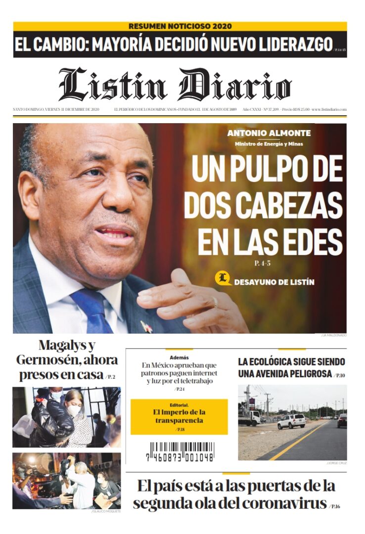 Portada Periódico Listín Diario, Viernes 11 de Diciembre, 2020