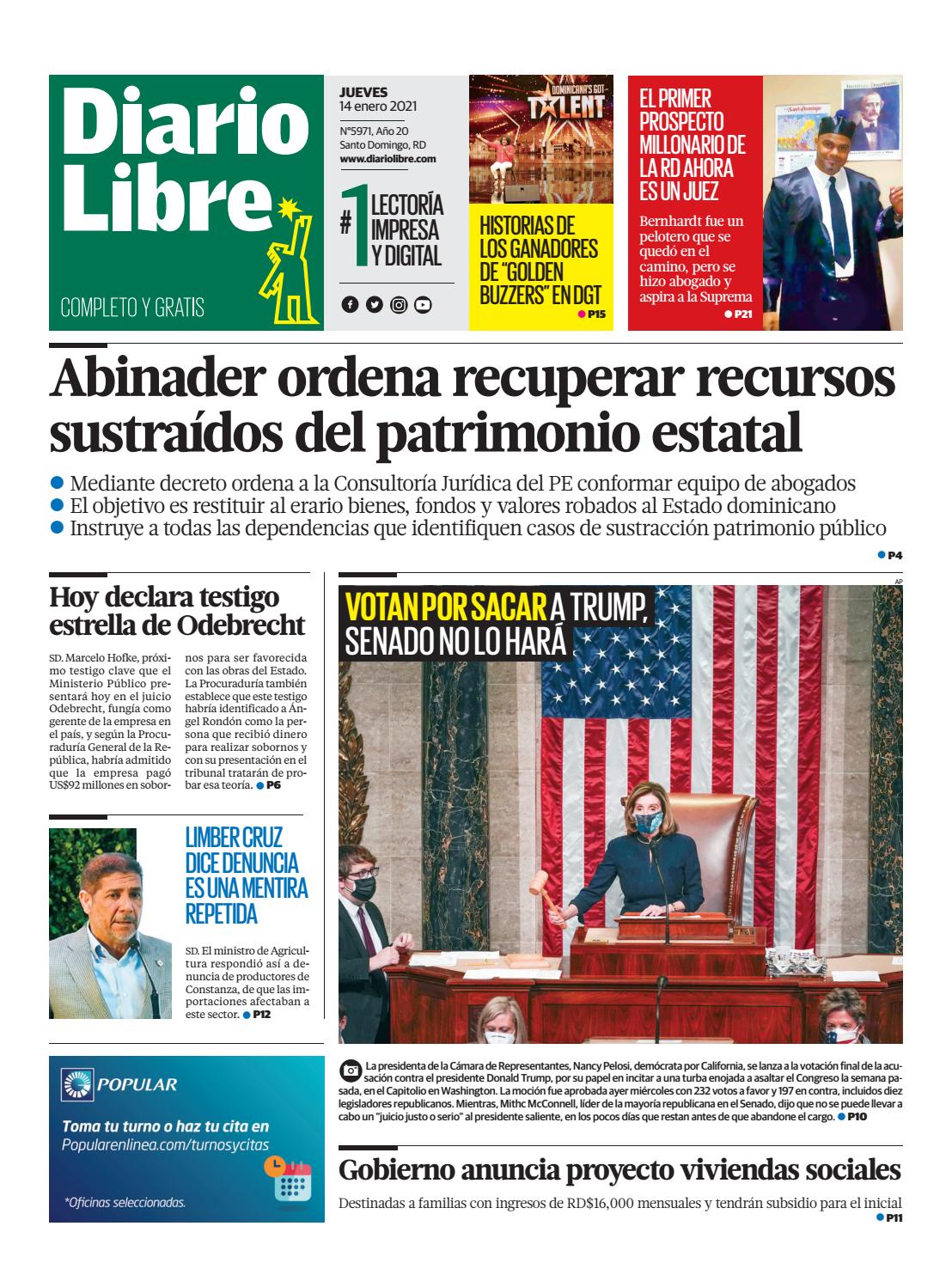Portada Periódico Diario Libre, Jueves 14 de Enero, 2021
