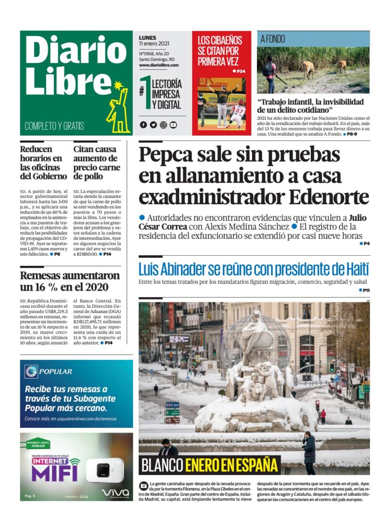 Portada Periódico Diario Libre, Lunes 11 de Enero, 2021