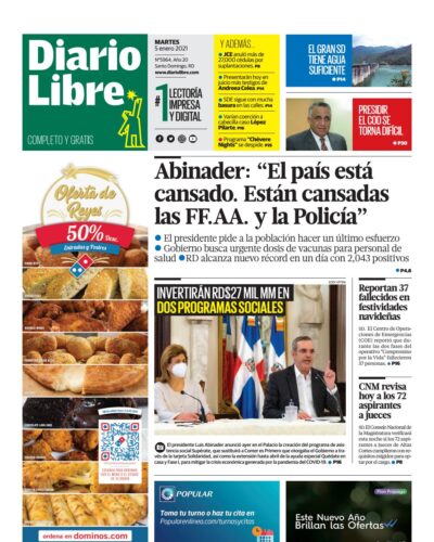 Portada Periódico Diario Libre, Martes 05 de Enero, 2021