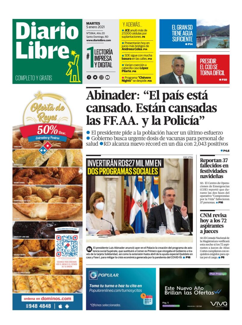 Portada Periódico Diario Libre, Martes 05 de Enero, 2021