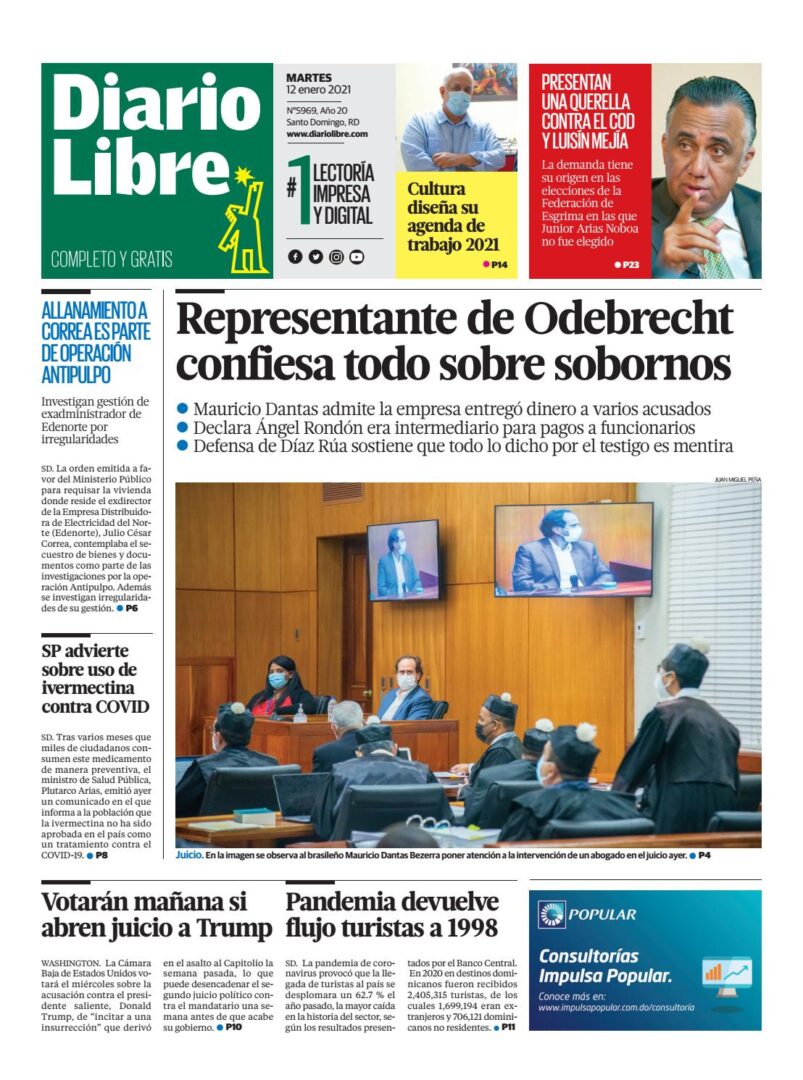 Portada Periódico Diario Libre, Martes 12 de Enero, 2021