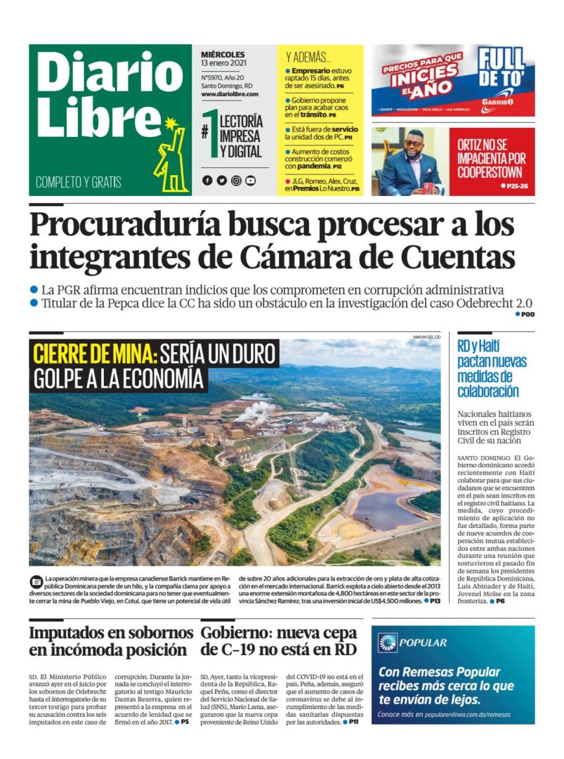 Portada Periódico Diario Libre, Miércoles 13 de Enero, 2021