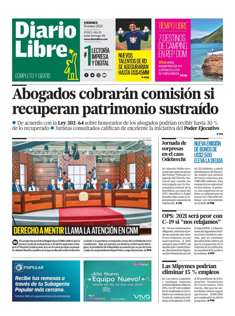 Portada Periódico Diario Libre, Viernes 15 de Enero, 2021