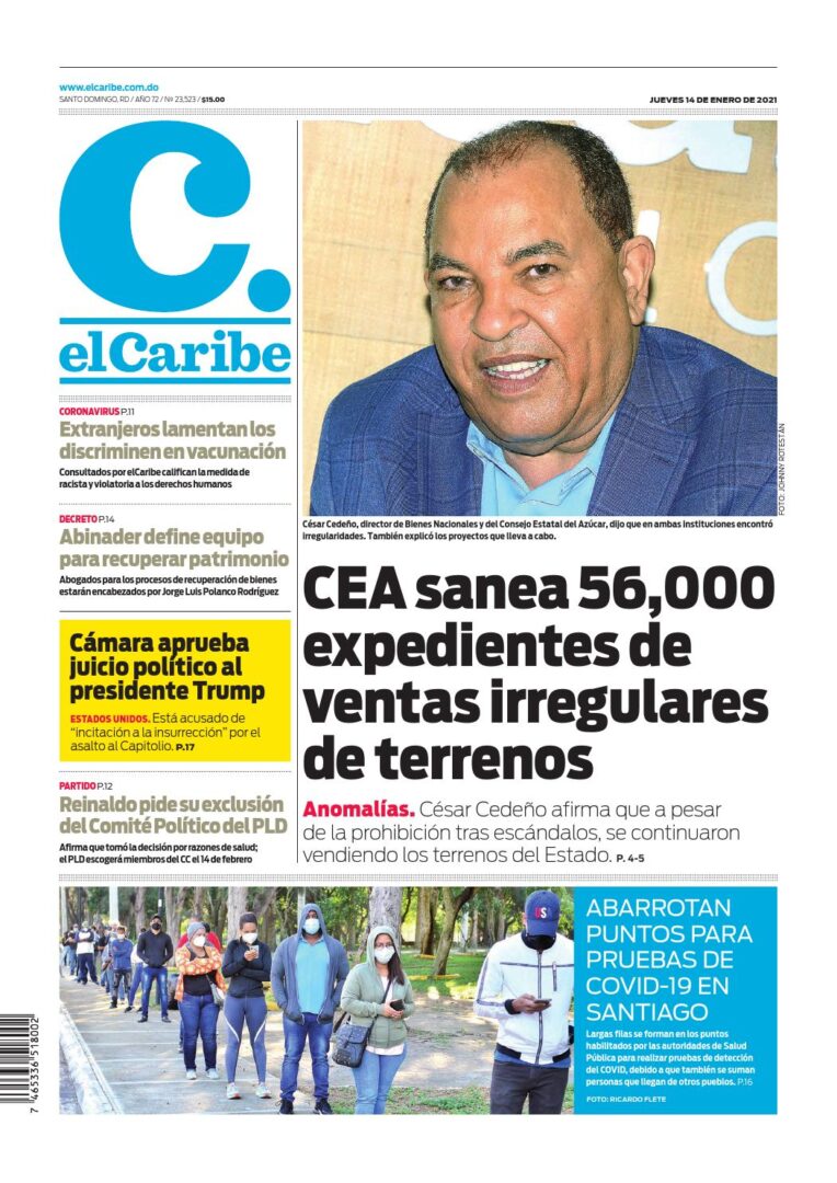 Portada Periódico El Caribe, Jueves 14 de Enero, 2021