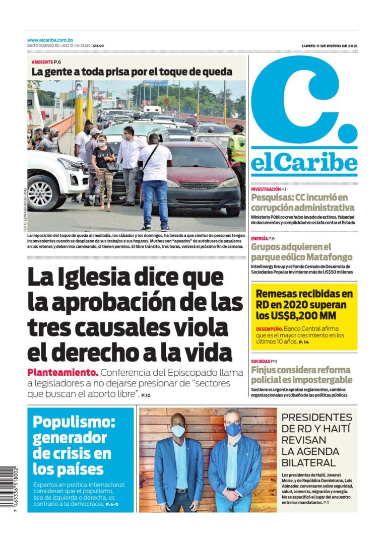 Portada Periódico El Caribe, Lunes 11 de Enero, 2021
