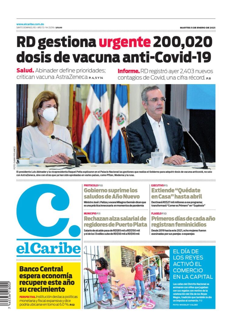 Portada Periódico El Caribe, Martes 05 de Enero, 2021