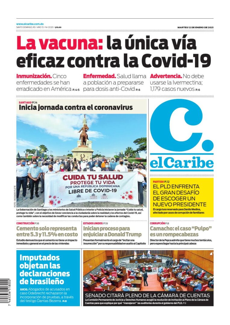 Portada Periódico El Caribe, Martes 12 de Enero, 2021