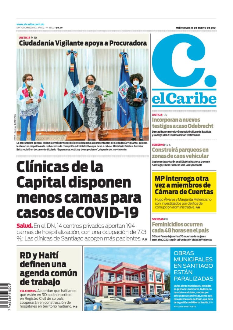 Portada Periódico El Caribe, Miércoles 13 de Enero, 2021