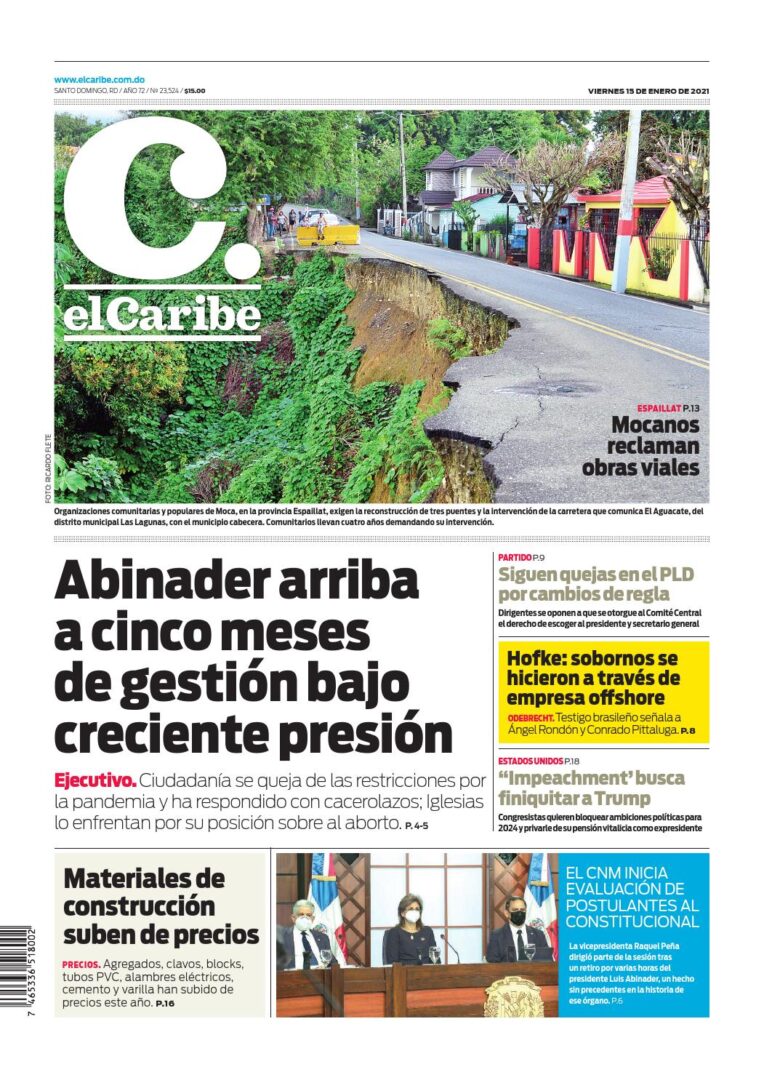 Portada Periódico El Caribe, Viernes 15 de Enero, 2021