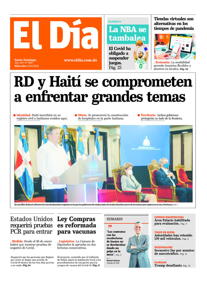 Portada Periódico El Día, Miércoles 13 de Enero, 2021