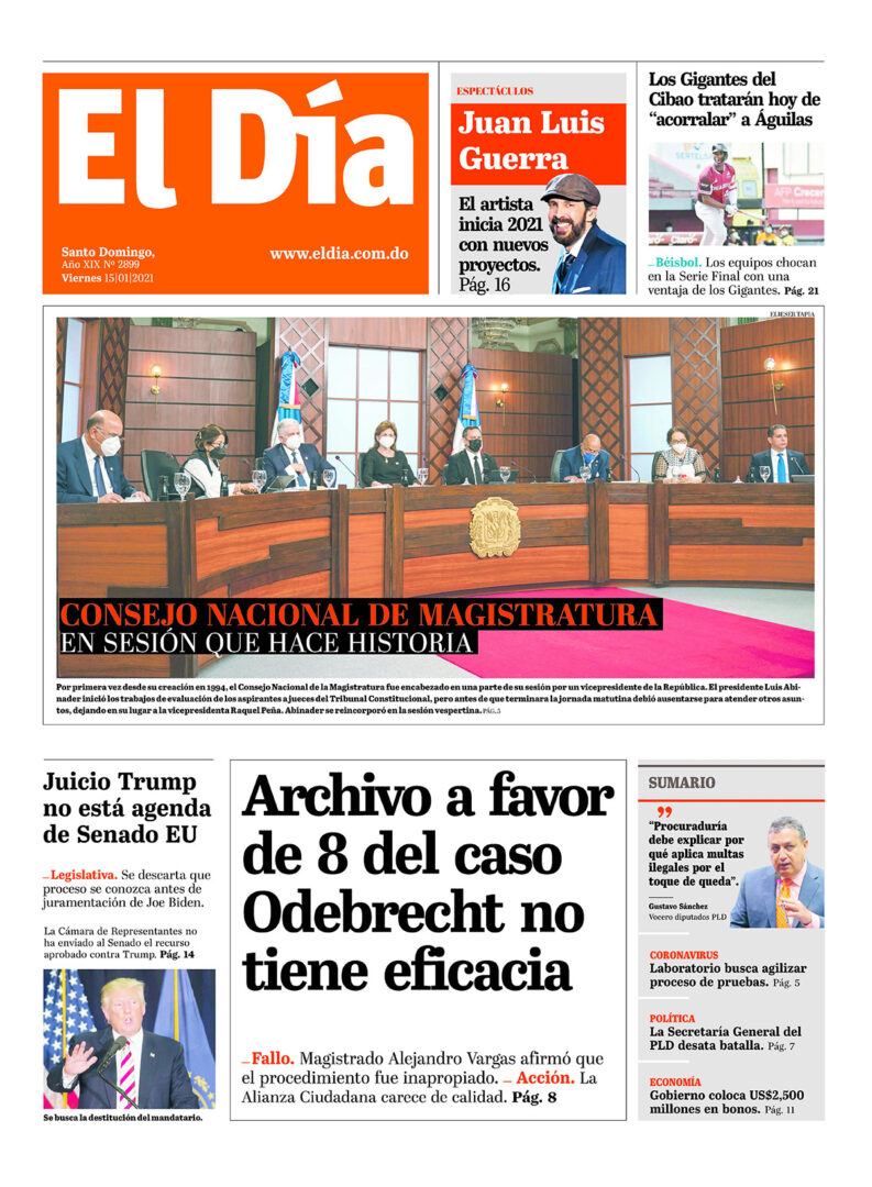 Portada Periódico El Día, Viernes 15 de Enero, 2021
