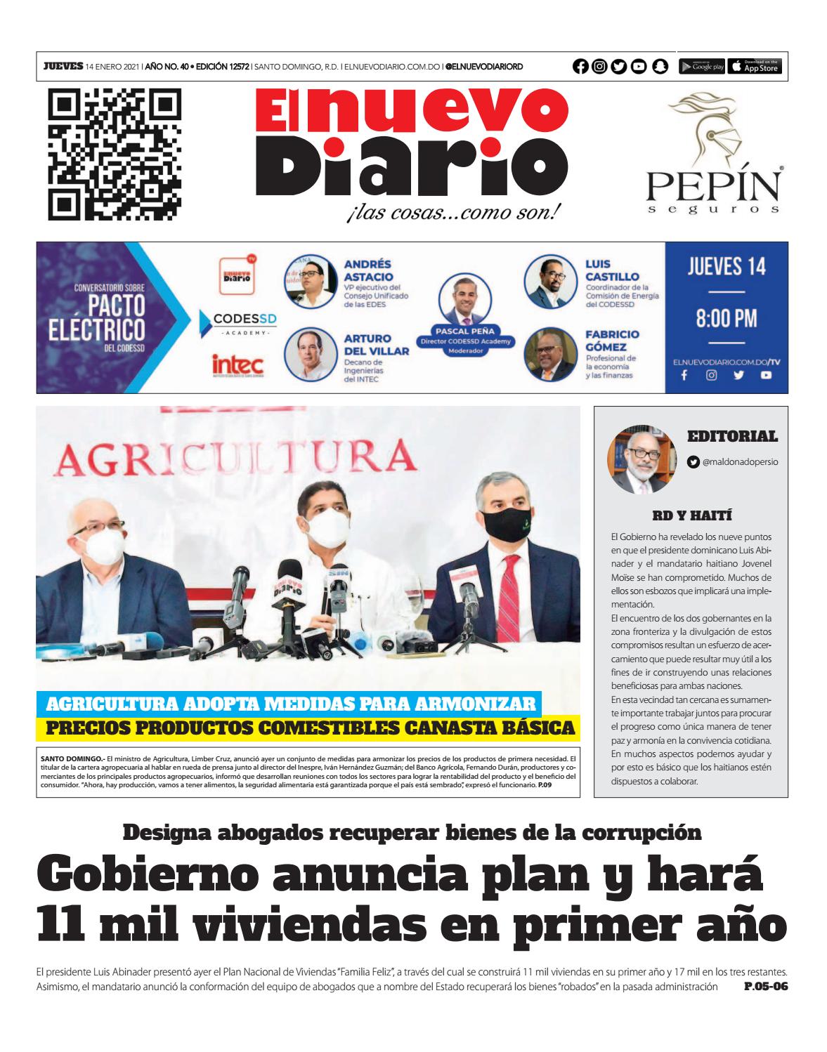 Portada Periódico El Nuevo Diario, Jueves 14 de Enero, 2021