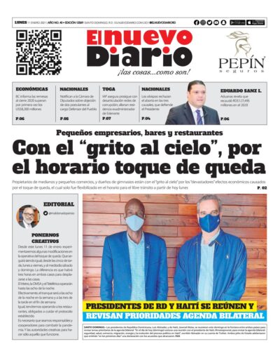 Portada Periódico El Nuevo Diario, Lunes 11 de Enero, 2021