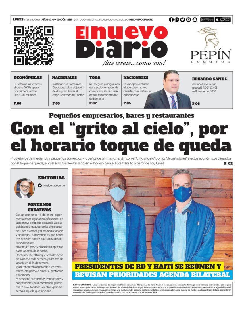 Portada Periódico El Nuevo Diario, Lunes 11 de Enero, 2021