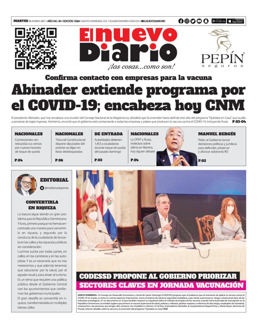 Portada Periódico El Nuevo Diario, Martes 05 de Enero, 2021