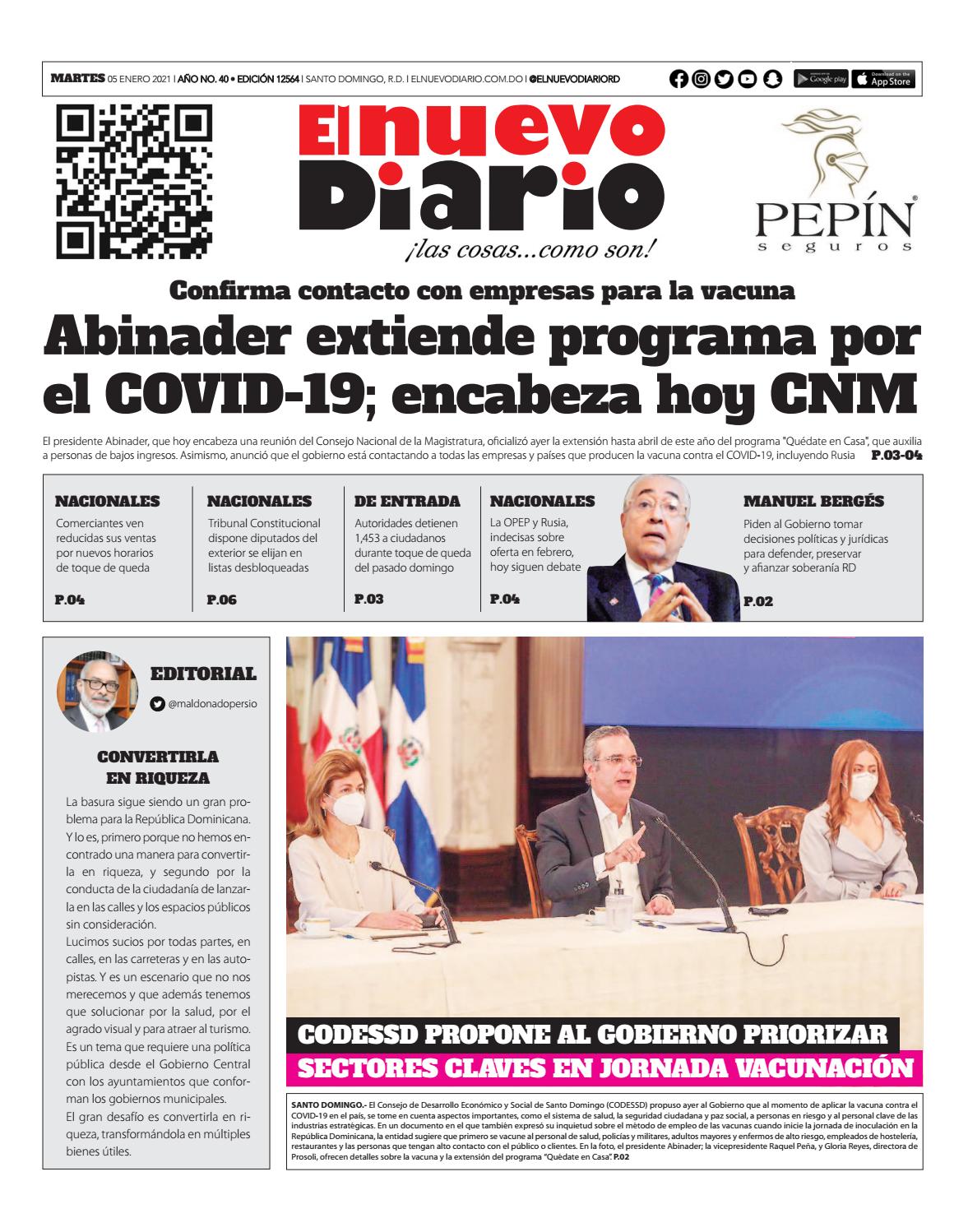 Portada Periódico El Nuevo Diario, Martes 05 de Enero, 2021