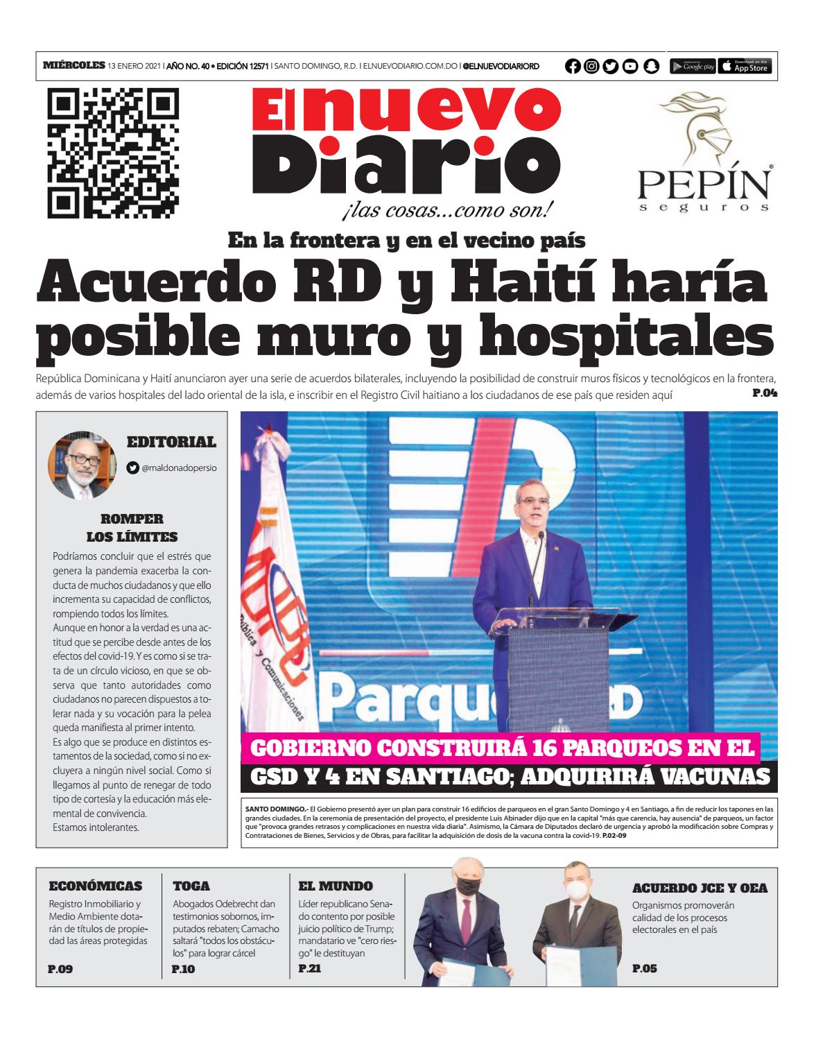 Portada Periódico El Nuevo Diario, Miércoles 13 de Enero, 2021