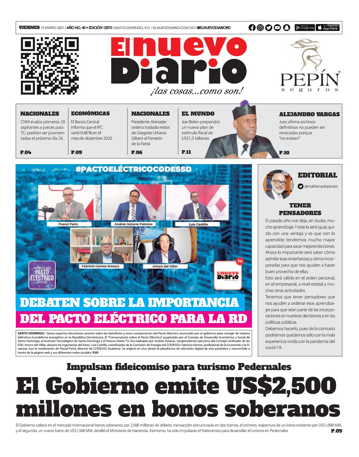 Portada Periódico El Nuevo Diario, Viernes 15 de Enero, 2021