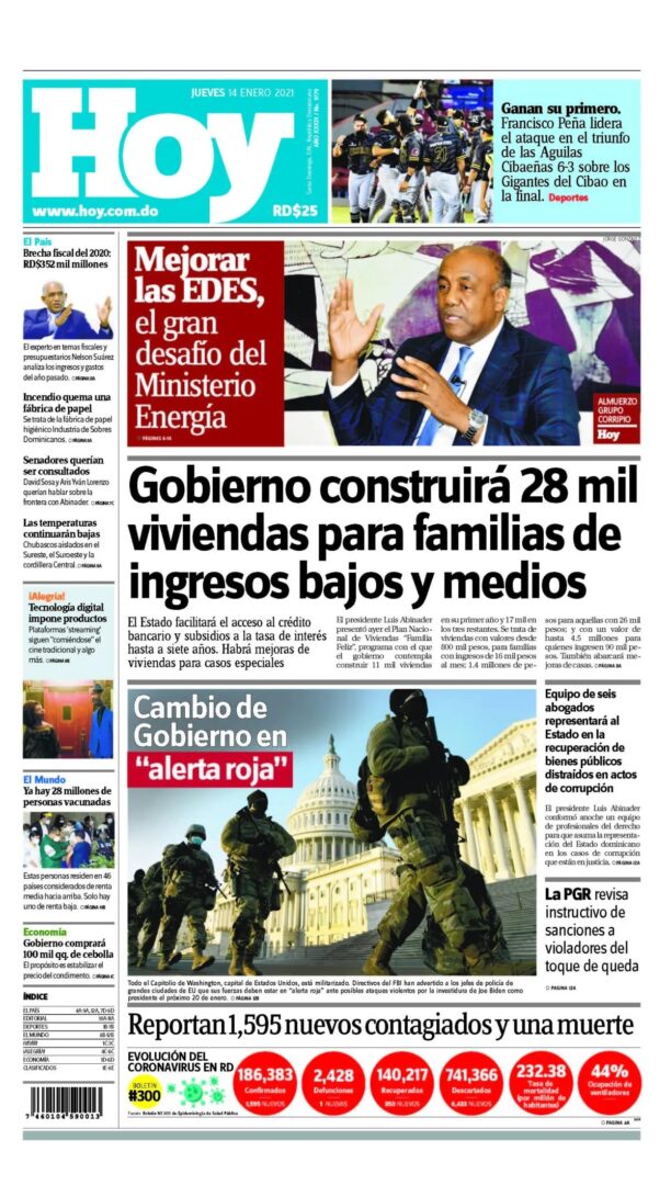 Portada Periódico Hoy, Jueves 14 de Enero, 2021
