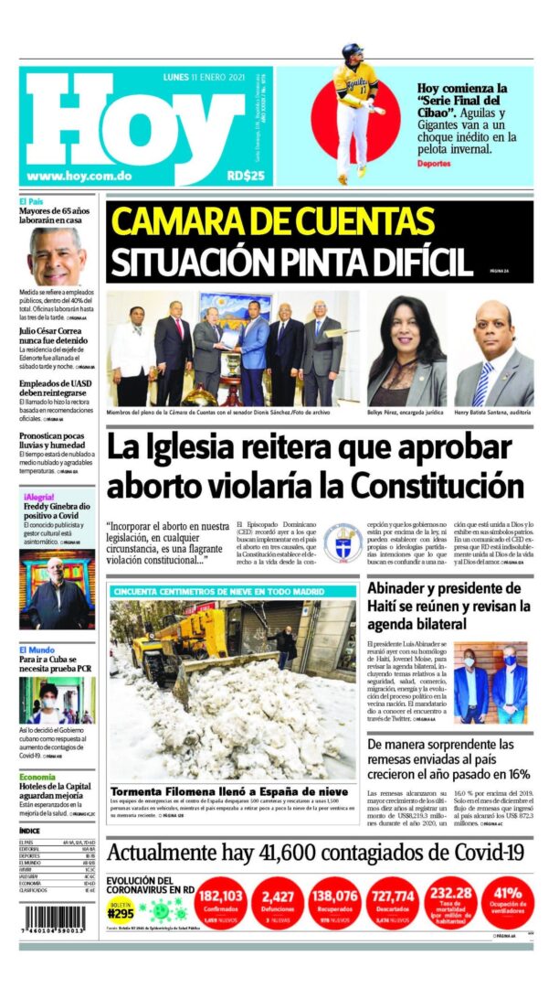 Portada Periódico Hoy, Lunes 11 de Enero, 2021