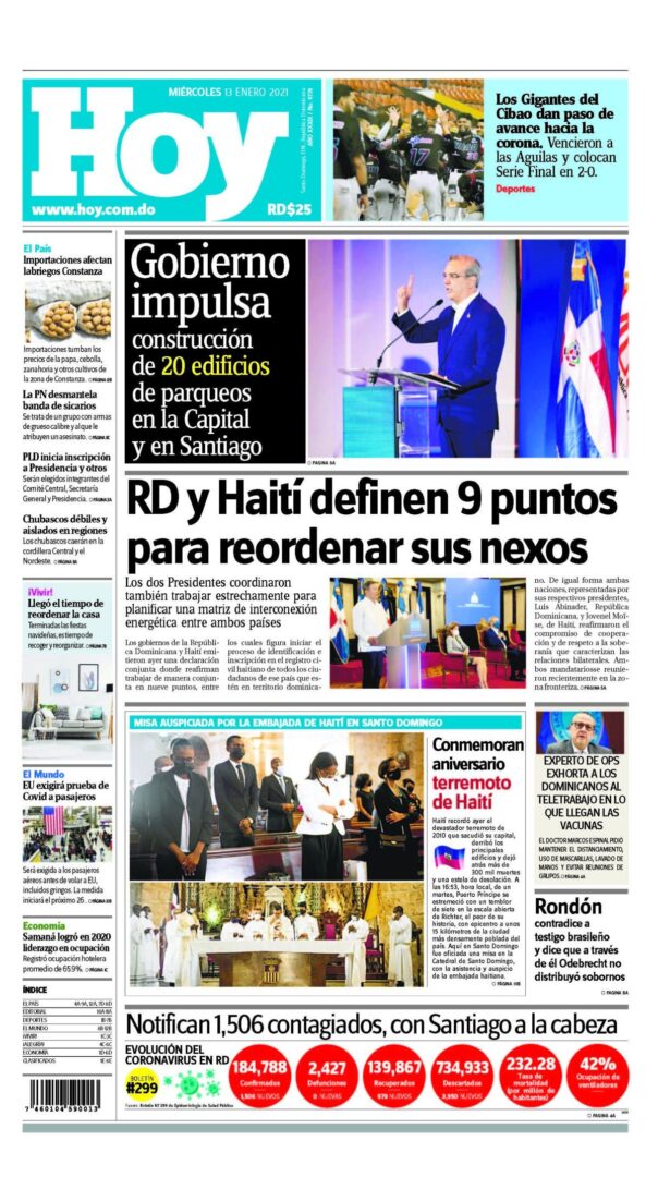 Portada Periódico Hoy, Miércoles 13 de Enero, 2021