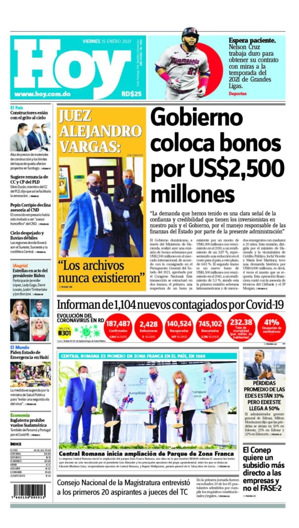 Portada Periódico Hoy, Viernes 15 de Enero, 2021