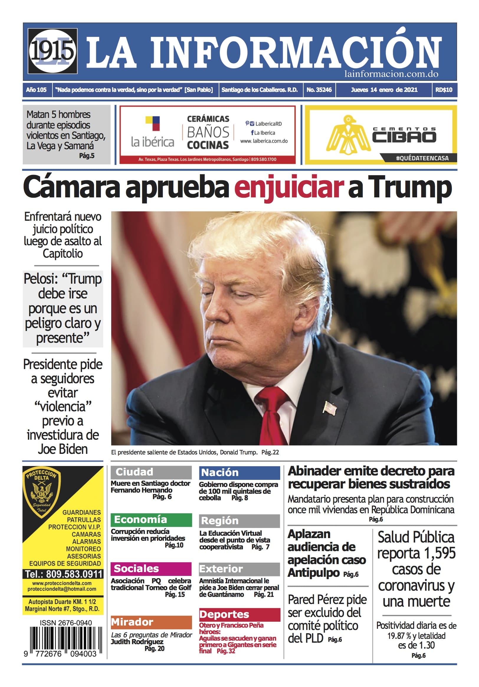 Portada Periódico La Información, Jueves 14 de Enero, 2021
