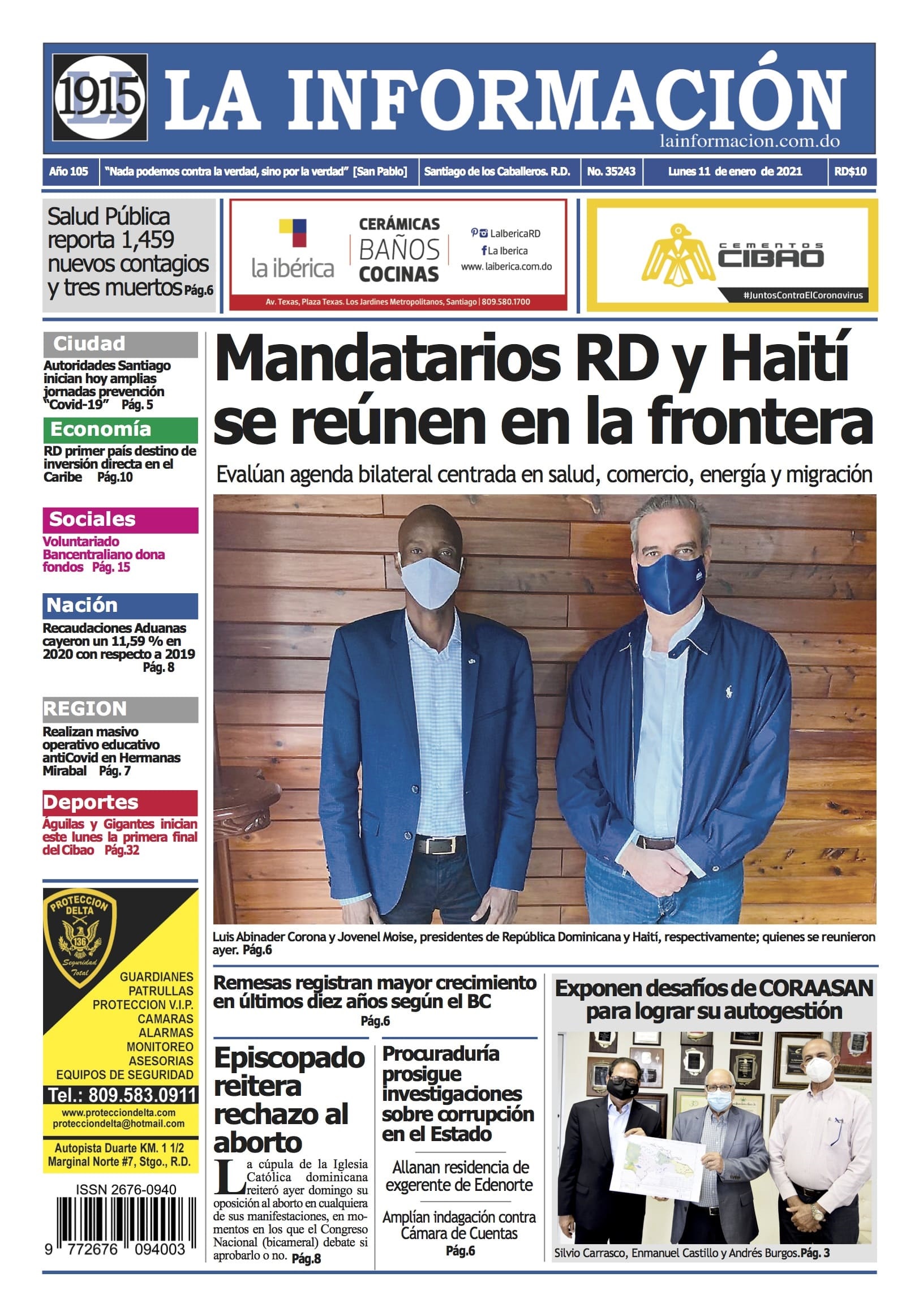 Portada Periódico La Información, Lunes 11 de Enero, 2021