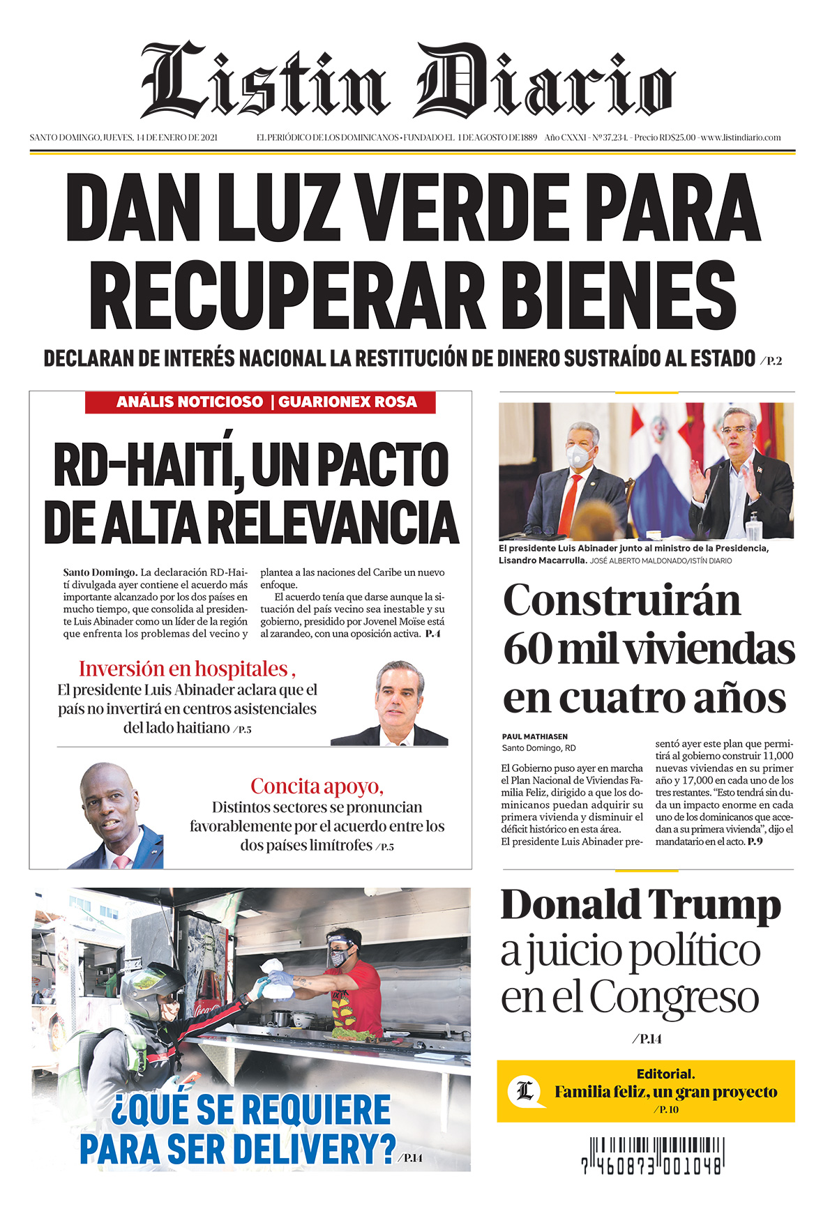 Portada Periódico Listín Diario, Jueves 14 de Enero, 2021