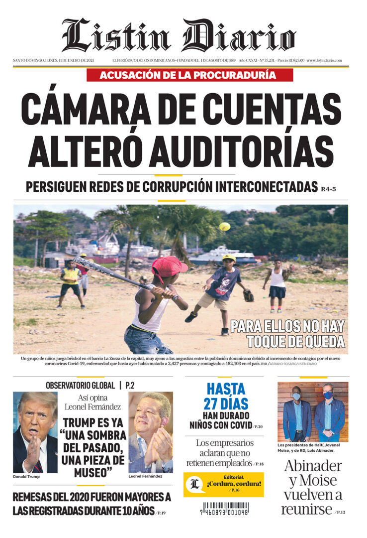 Portada Periódico Listín Diario, Lunes 11 de Enero, 2021