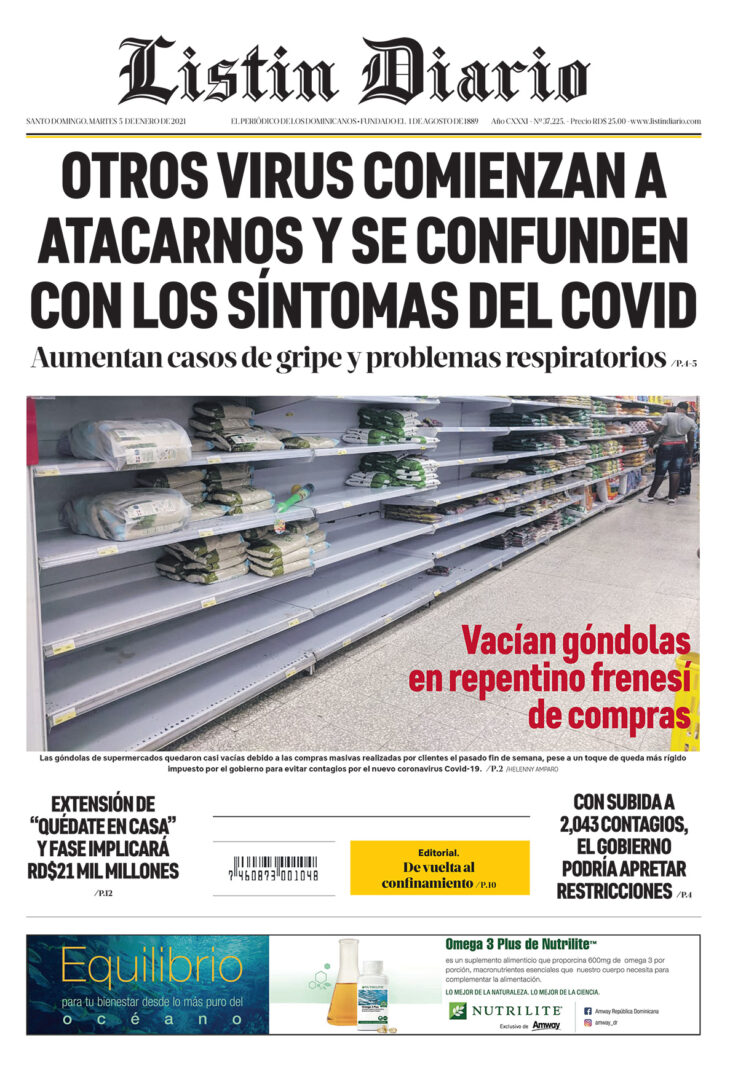 Portada Periódico Listín Diario, Martes 05 de Enero, 2021