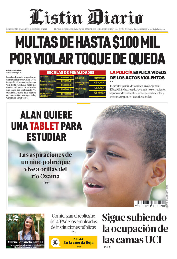Portada Periódico Listín Diario, Martes 12 de Enero, 2021