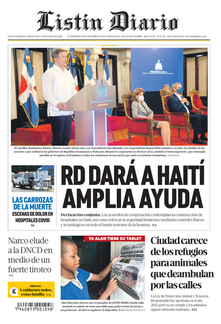 Portada Periódico Listín Diario, Miércoles 13 de Enero, 2021