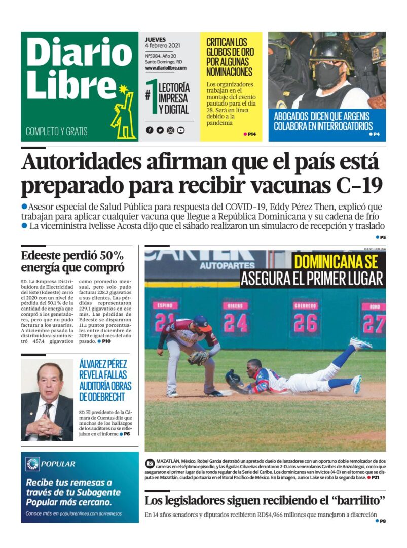 Portada Periódico Diario Libre, Jueves 04 de Febrero, 2021