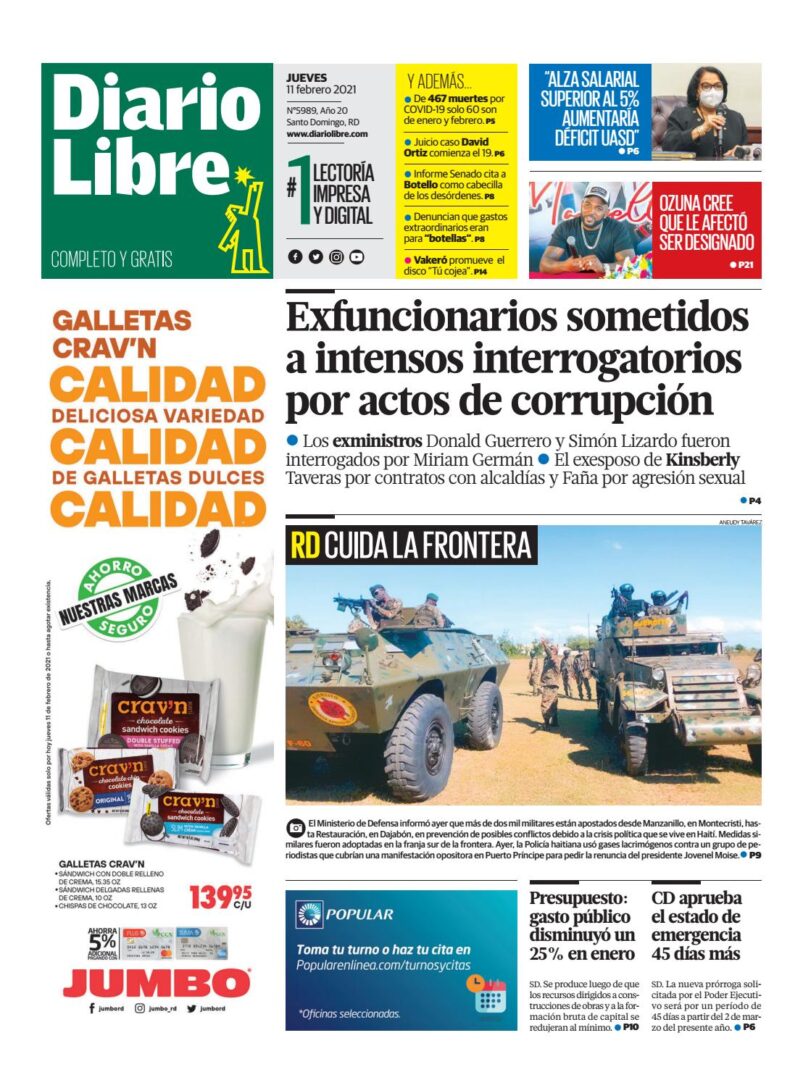 Portada Periódico Diario Libre, Jueves 11 de Febrero, 2021
