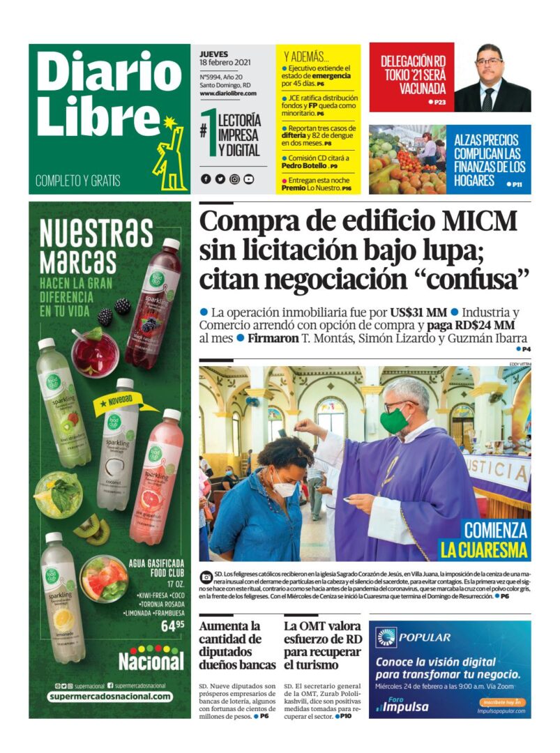 Portada Periódico Diario Libre, Jueves 18 de Febrero, 2021