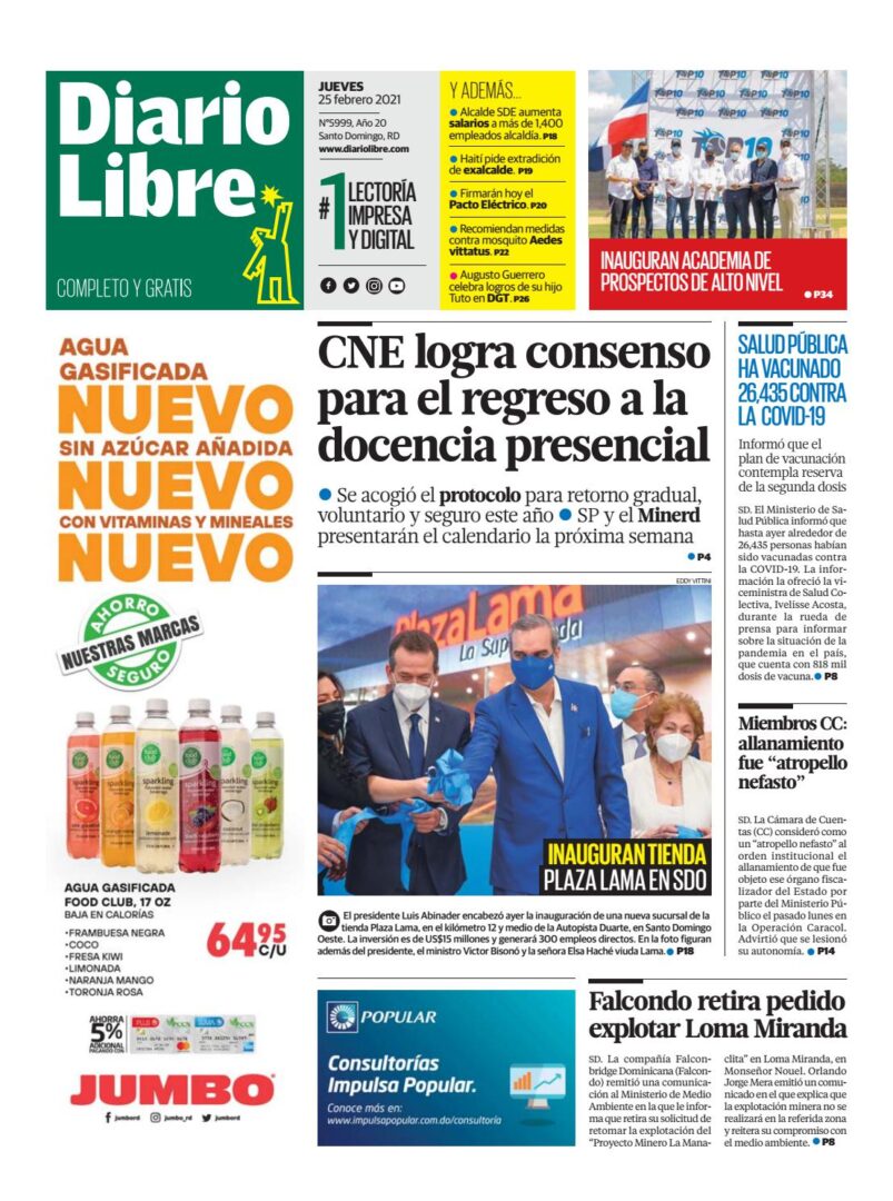 Portada Periódico Diario Libre, Jueves 25 de Febrero, 2021