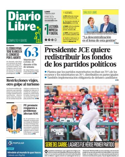 Portada Periódico Diario Libre, Lunes 01 de Febrero, 2021