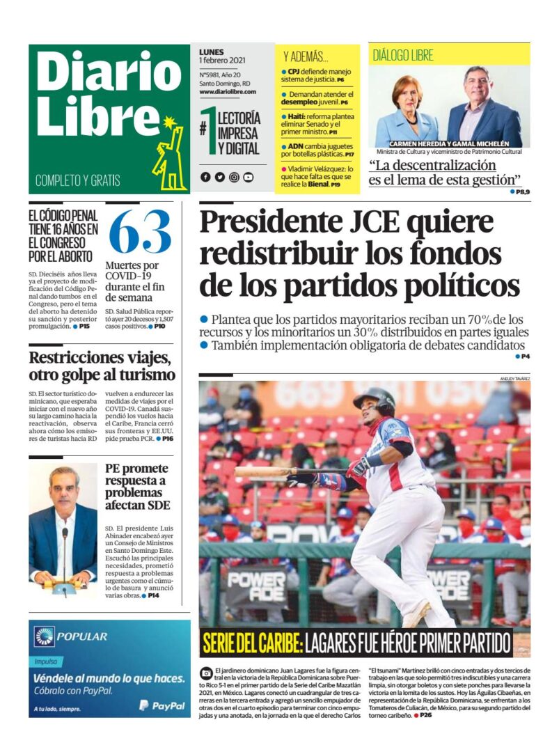 Portada Periódico Diario Libre, Lunes 01 de Febrero, 2021
