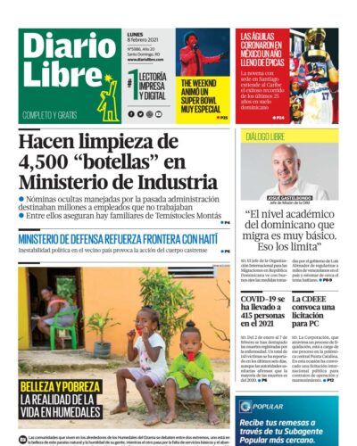 Portada Periódico Diario Libre, Lunes 08 de Febrero, 2021